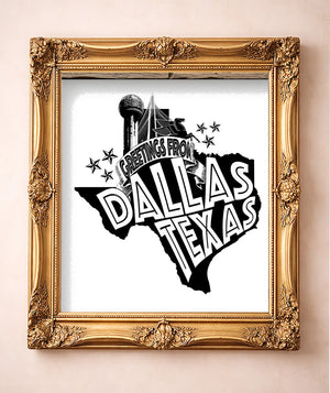 Greetings From Dallas Print — art print by Carl Crum in a gold frame