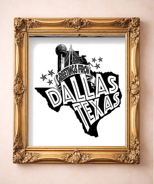 Greetings From Dallas Print — art print by Carl Crum in a gold frame