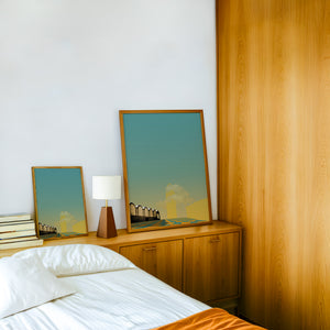 Kimbell & Will Rogers Fort Worth art print by Betsy Crum — framed in a wood-accent room