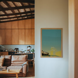 Kimbell & Will Rogers Fort Worth art print by Betsy Crum — framed in a wood-accent room