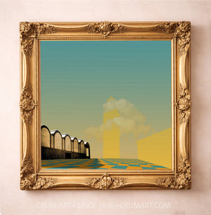 Kimbell & Will Rogers Print art print in a gold frame by Betsy Crum — square fort worth art from Crum Art, available at crumart.com. This museum quality print is made right here in Texas.