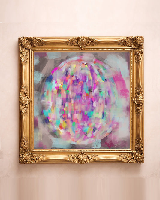 Pastel Coquette art print in a gold frame by Betsy Crum — square disco ball wall art from Crum Art, available at crumart.com. Signed and made to order in Texas.