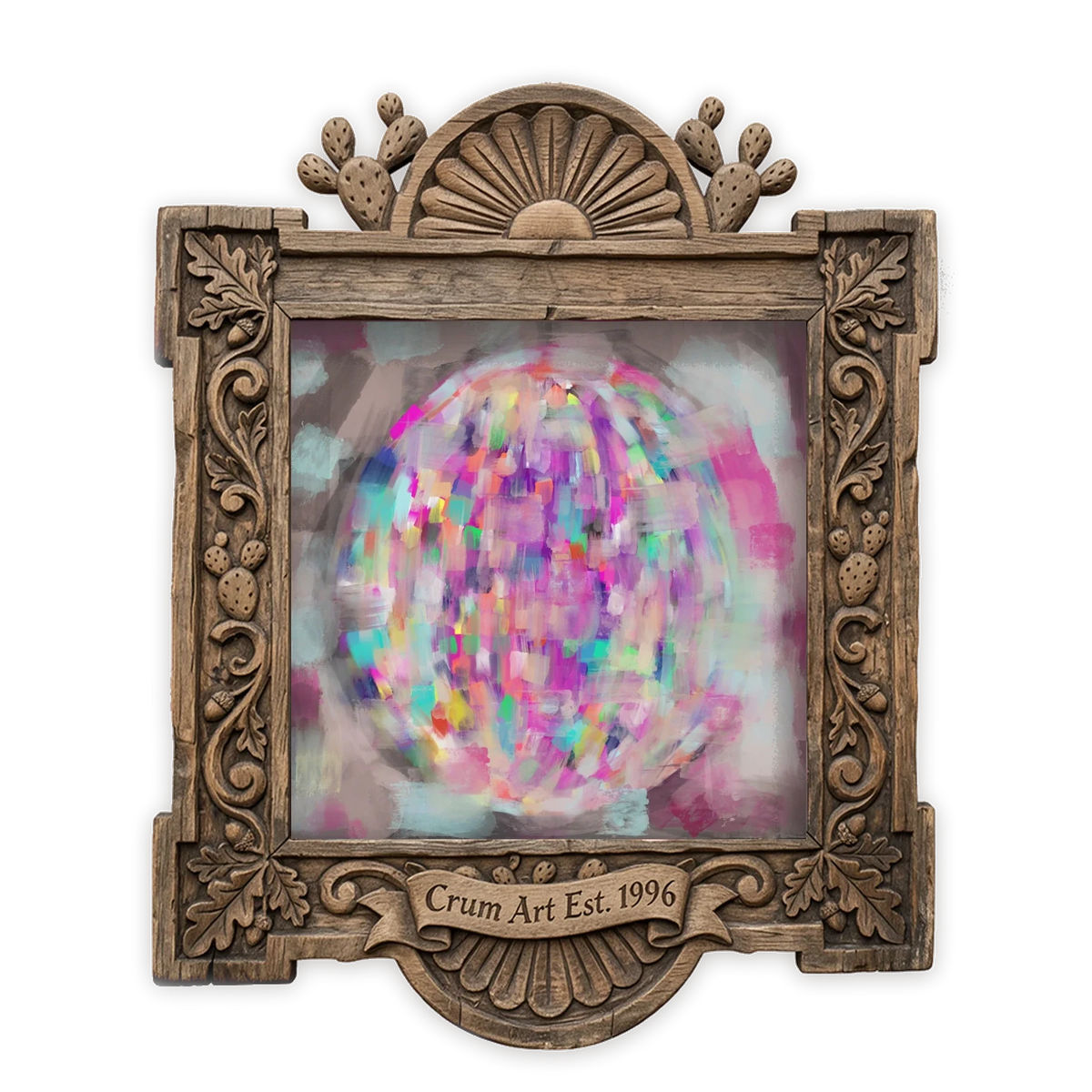 Pastel Coquette — disco ball wall art print by Betsy Crum in a square carved wood frame