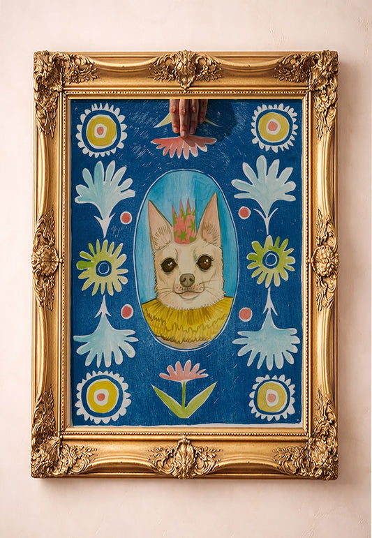 Chip the Party Dog Poppett — art print by Caya Crum in a gold frame
