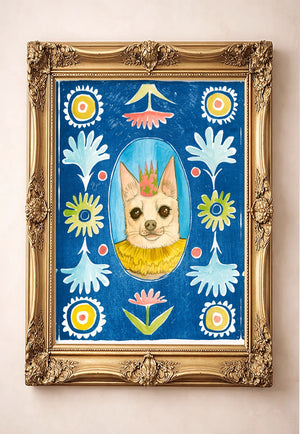 Chip the Party Dog Poppett by Caya Crum in a gold frame