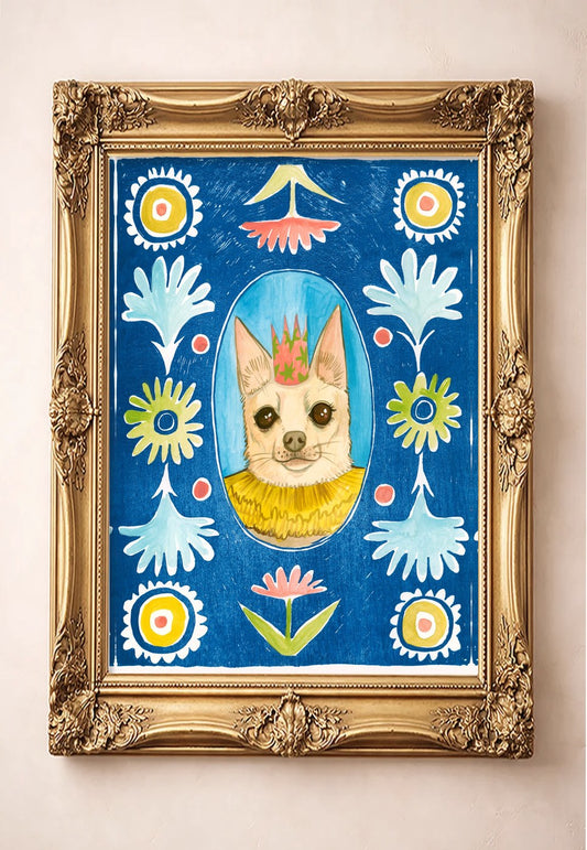 Chip the Party Dog Poppett by Caya Crum in a gold frame