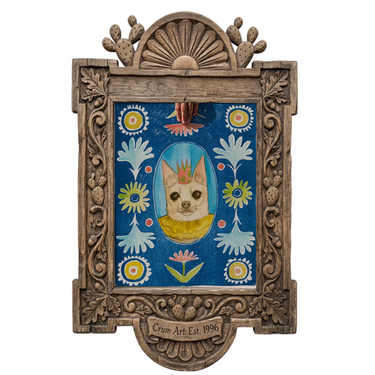 Chip the Party Dog Poppett — art print by Caya Crum in a carved wood frame
