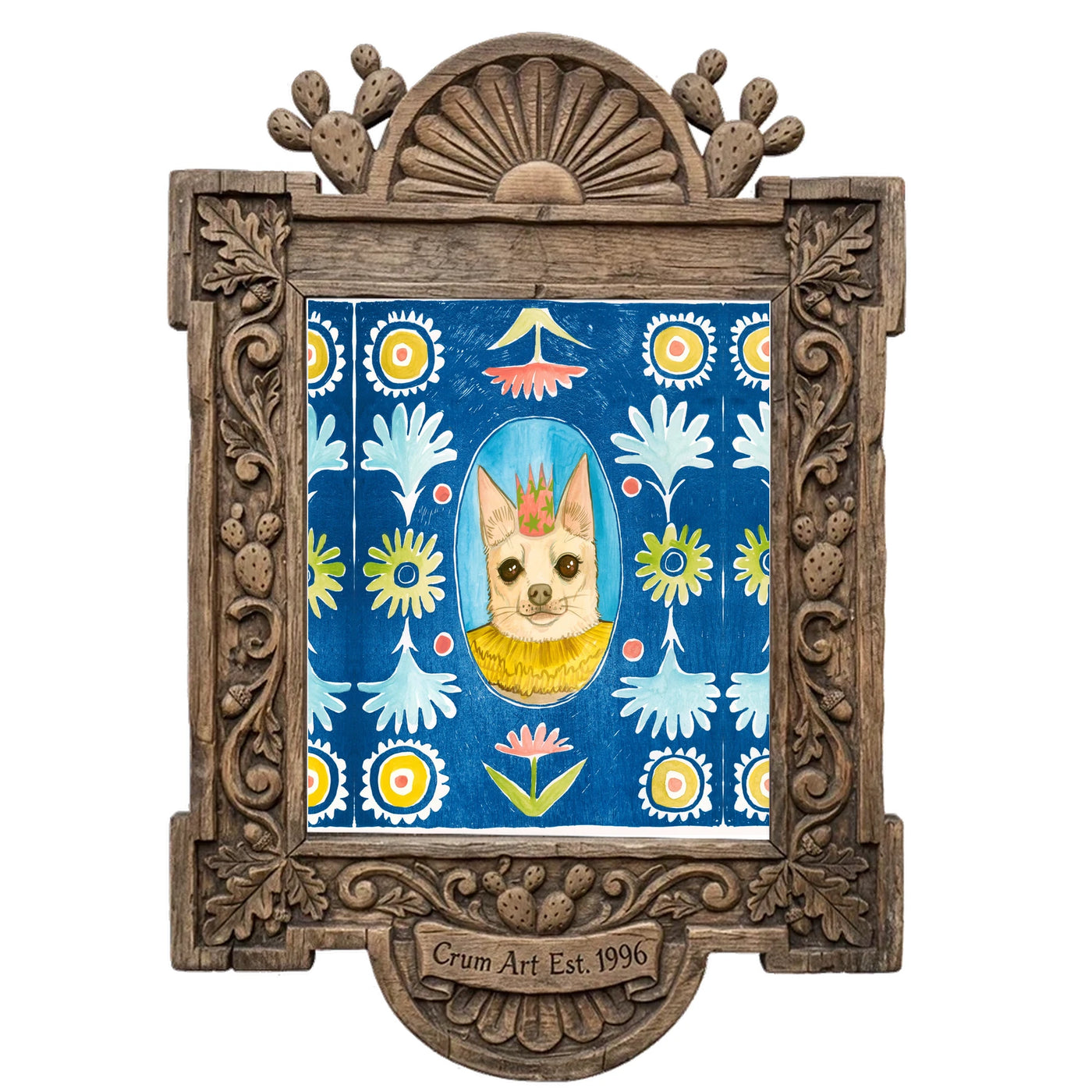 Chip the Party Dog Poppett by Caya Crum in a carved wood frame