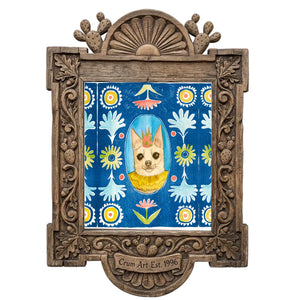 Chip the Party Dog Poppett by Caya Crum in a carved wood frame