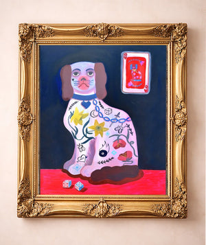 Dice Playing Card Dog — art print by Caya Crum in a gold frame