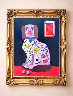 Preppy dog art print by Caya Crum in ornate gold frame, dog with dice and playing card