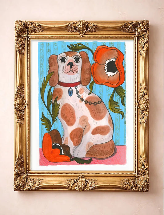 Smoking Cowboy Cavalier — dog art print by Caya Crum in a gold frame