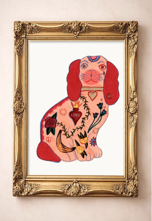 Staffordshire Tattoo Dog by Caya Crum in a gold frame