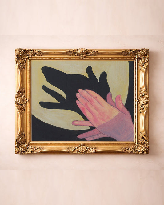 Dog Shadow Puppet dog art print by Caya Crum — in a gold frame