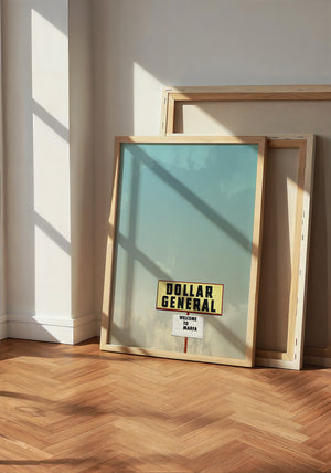 Dollar General Marfa art print by Betsy Crum — neutral frame room mockup