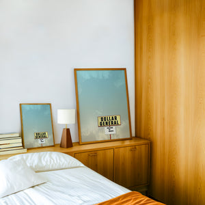 Dollar General Marfa art print by Betsy Crum — framed in a wood-accent room
