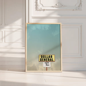 Dollar General Marfa art print by Betsy Crum — neutral frame room mockup