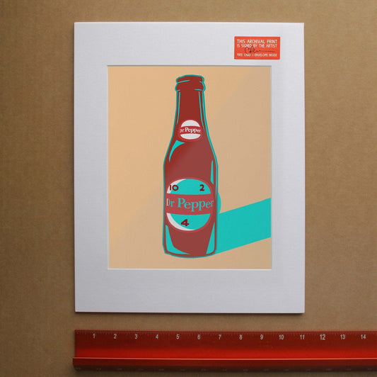 Stylized Dr Pepper bottle art print inspired by De Chirico with teal and red colors on beige background, matted and signed by artist.