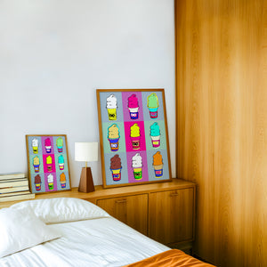 DQ Warhol Grid kitchen wall art print by Betsy Crum — framed in a wood-accent room