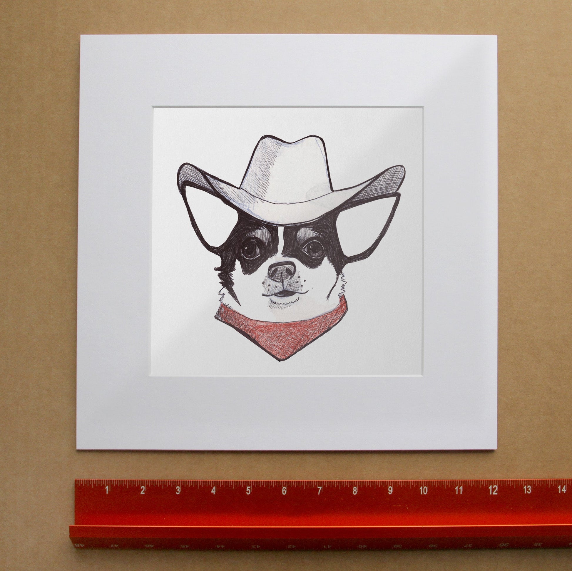 Edie The Rodeo Dog Goes to the Stockshow Art Print | Caya Crum Art in matted square frame mockup