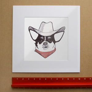 Edie The Rodeo Dog Goes to the Stockshow Art Print | Caya Crum Art in matted square frame mockup