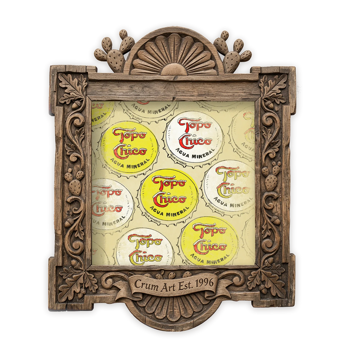 Bottle Caps — Topo Chico art print by Betsy Crum in a square carved wood frame