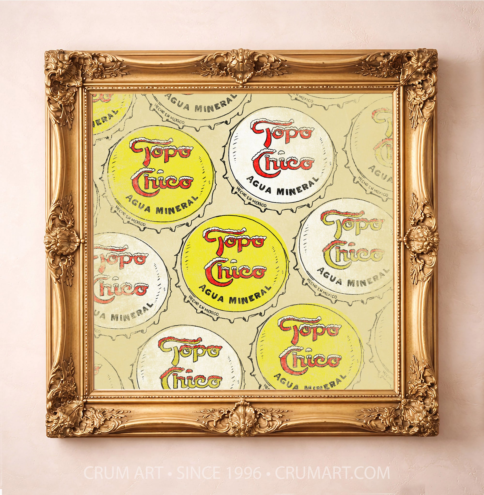 Topo Chico bottle caps art print by Betsy Crum in a square gold frame
