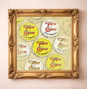Topo Chico bottle caps art print by Betsy Crum in a square gold frame