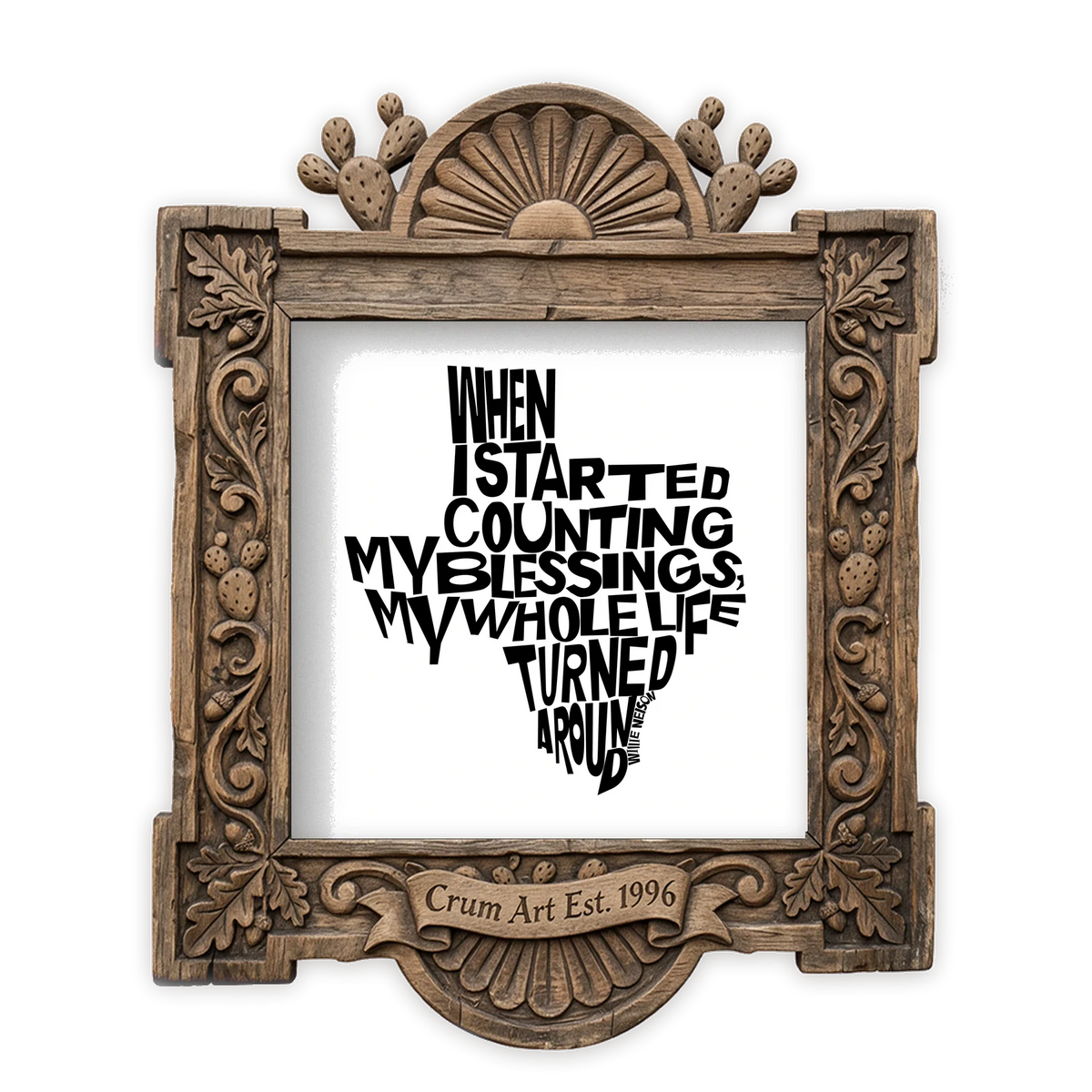 Willie Nelson Blessings B&W — minimalist wall art print by Betsy Crum in a square carved wood frame