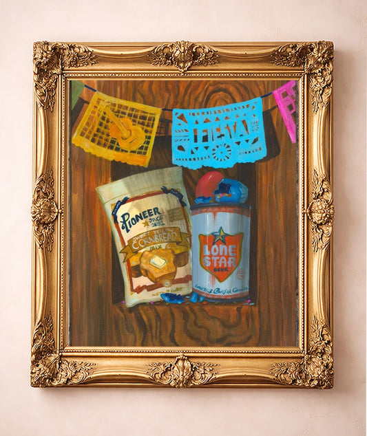 Pioneer Cornbread Still Life — art print by Caya Crum in a gold frame