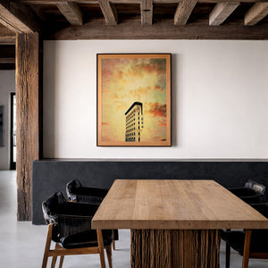 Flat Iron Building Fort Worth print by Betsy Crum in a rustic room with wood beams