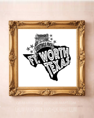 Greetings From Fort Worth — Fort Worth art print by Carl Crum in a square gold frame