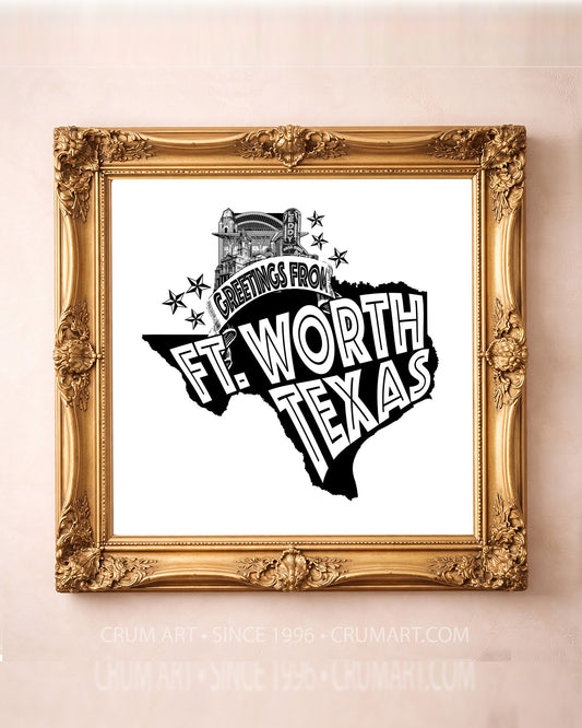 Greetings From Fort Worth — Fort Worth art print by Carl Crum in a square gold frame
