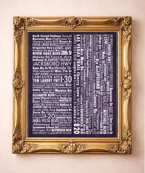 Street Names Map Print — art print by Carl Crum in a gold frame