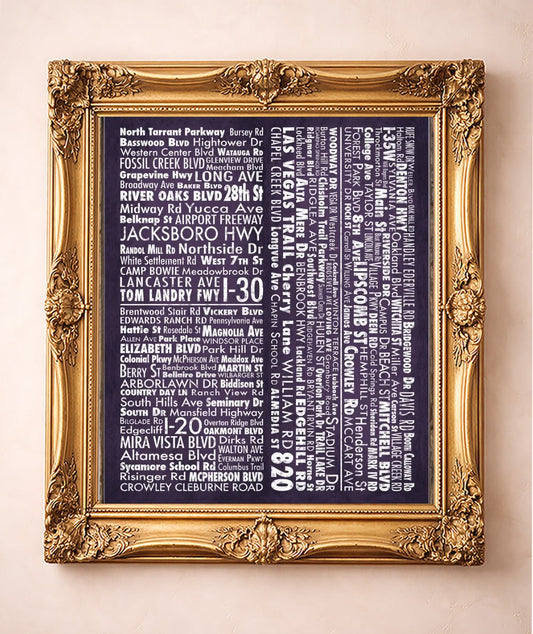 Street Names Map Print — art print by Carl Crum in a gold frame