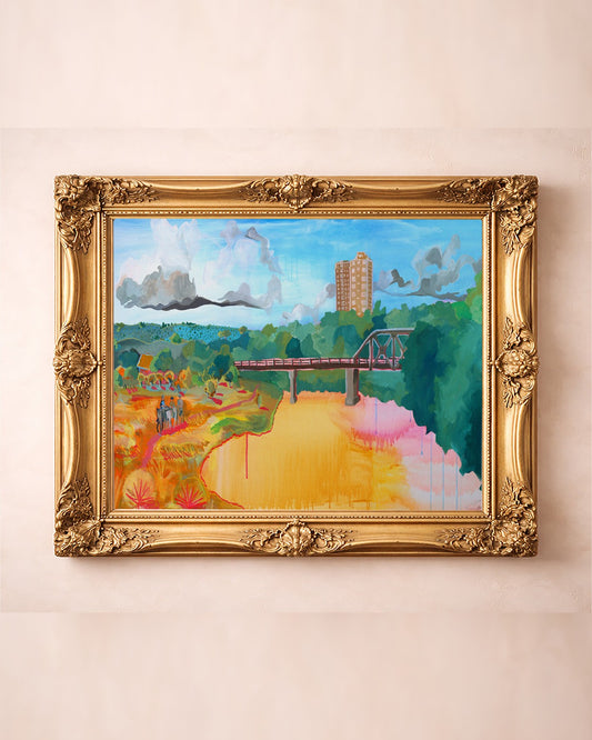 Fort Worth wall art Trinity River TCU print by Caya Crum in a gold frame room scene