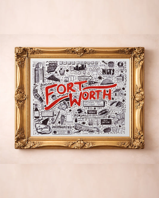 Fort Worth icons pen and ink art print by Caya Crum in a gold frame, hand-drawn city landmarks
