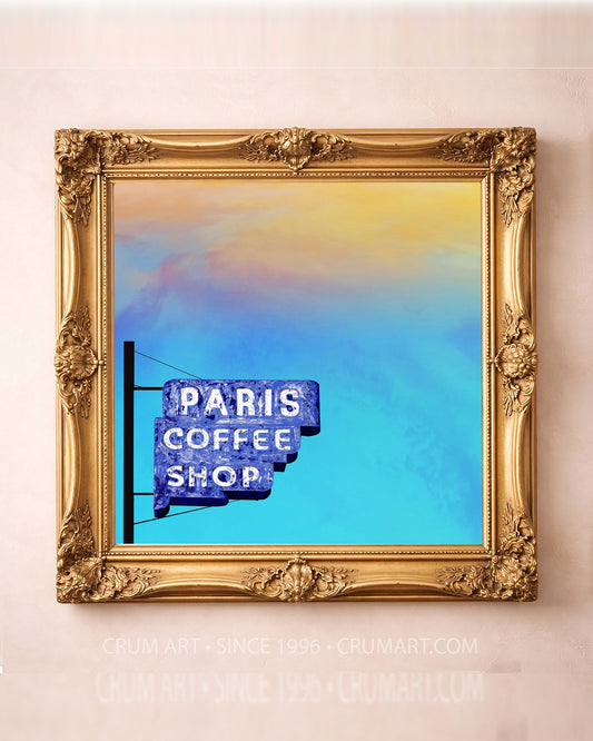 Paris Coffee Shop Print art print in a gold frame by Betsy Crum — square fort worth art from Crum Art, available at crumart.com. This museum quality print is made right here in Texas.