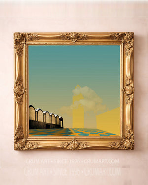 Kimbell & Will Rogers Print art print in a gold frame by Betsy Crum — square fort worth art from Crum Art, available at crumart.com. This museum quality print is made right here in Texas.