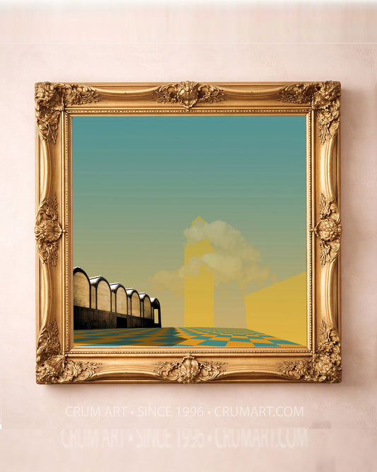 Kimbell & Will Rogers Print art print in a gold frame by Betsy Crum — square fort worth art from Crum Art, available at crumart.com. This museum quality print is made right here in Texas.