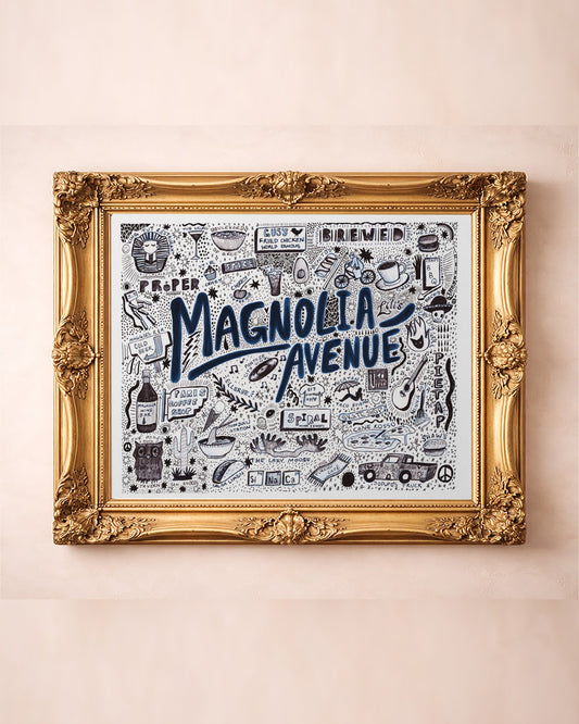 Magnolia Avenue Fort Worth ink icons art print by Caya Crum in gold frame