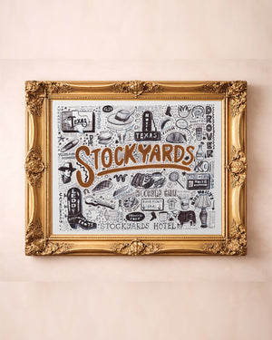 Fort Worth Stockyards pen and ink art print by Caya Crum in a gold frame