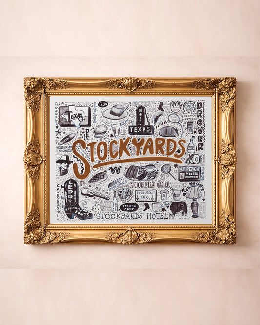 Fort Worth Stockyards pen and ink art print by Caya Crum in a gold frame