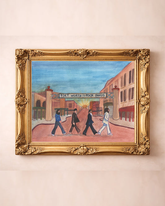 Fort Worth Stockyards Beatles crossing art print by Caya Crum in an ornate gold frame
