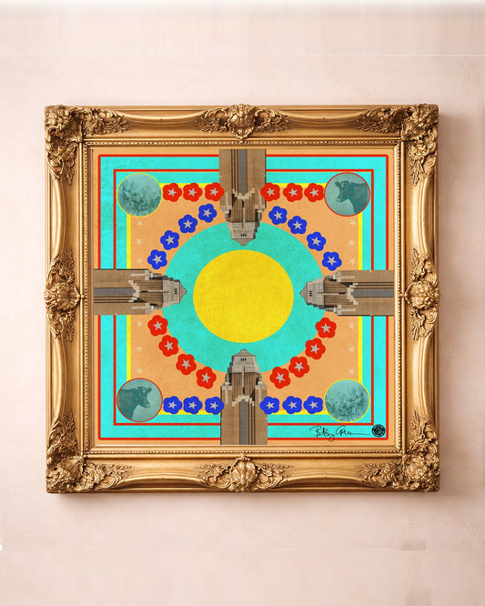 Will Rogers Tower Scarf Print — Fort Worth art print by Betsy Crum in a square gold frame