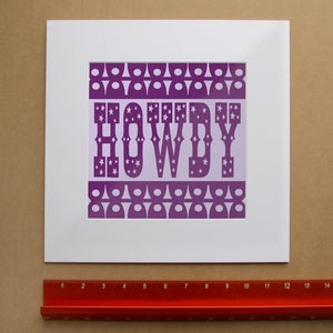 Texas Art Print — A Fort Worth Howdy Print in Purple | Betsy Crum Art in matted square frame mockup