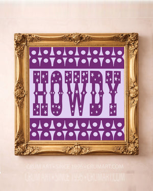 Fort Worth TCU Purple art print in a gold frame by Betsy Crum — square howdy print from Crum Art, available at crumart.com. This museum quality print is made right here in Texas.