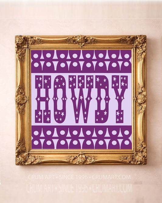 Fort Worth TCU Purple art print in a gold frame by Betsy Crum — square howdy print from Crum Art, available at crumart.com. This museum quality print is made right here in Texas.