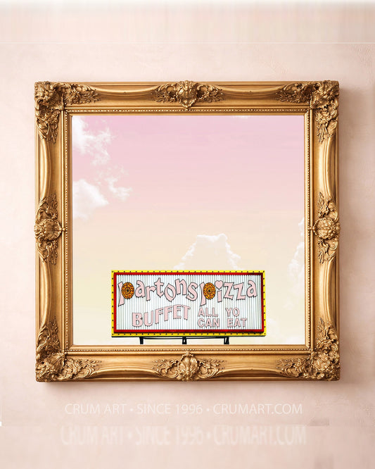 Partons Pizza Print art print in a gold frame by Betsy Crum — square fort worth art from Crum Art, available at crumart.com. This museum quality print is made right here in Texas.
