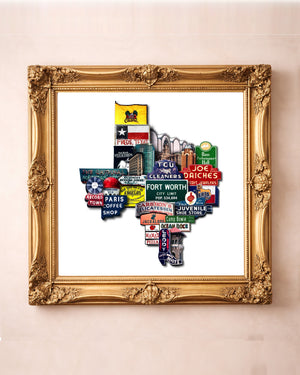 Fort Worth Texas-shaped signs and landmarks art print by Betsy Crum in a square gold frame